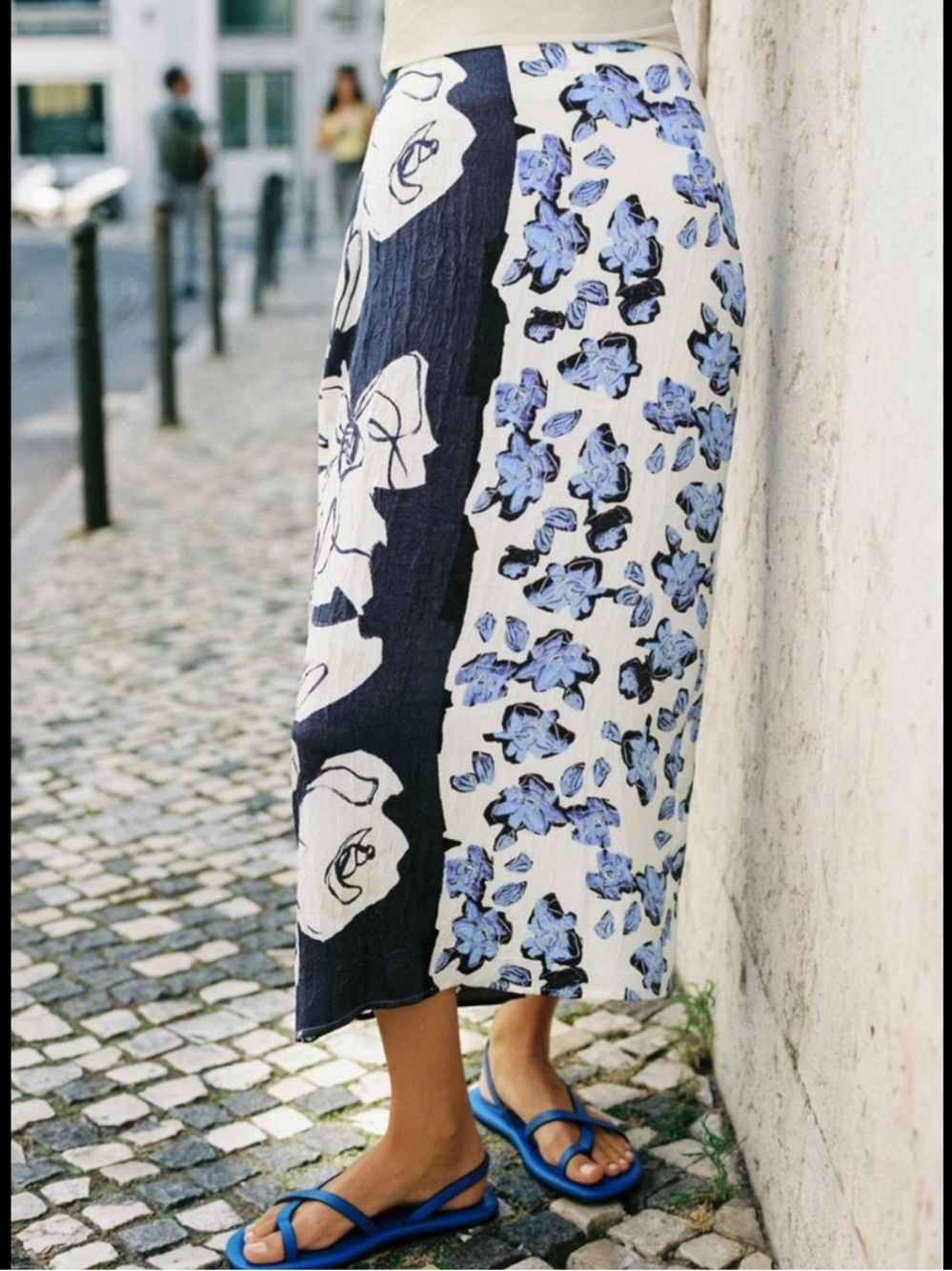 Zara Cream and Blue Floral Tiered Skirt